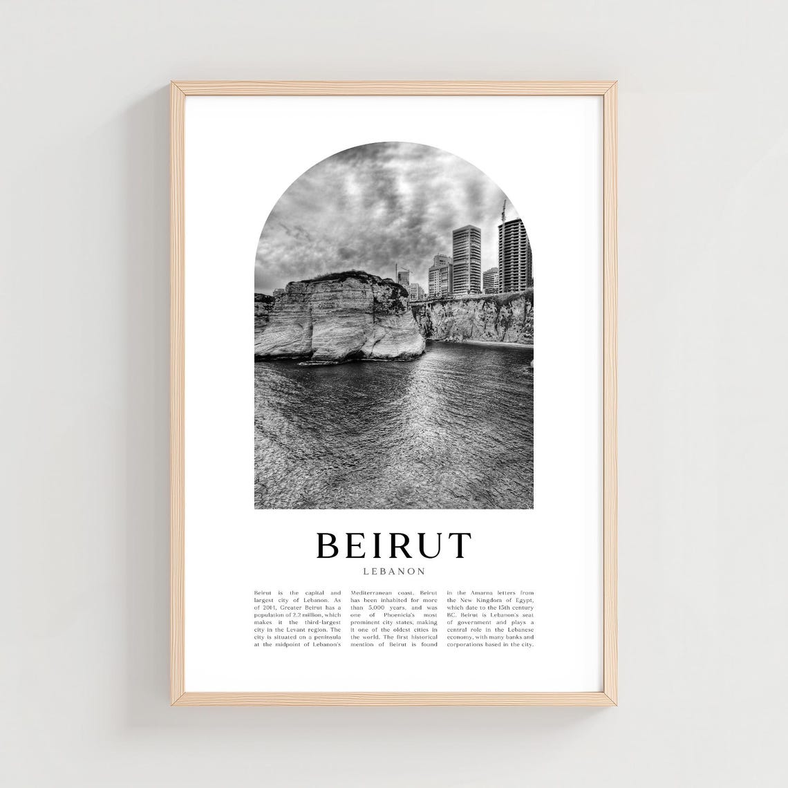 Beirut Lebanon Coast Poster Black White Raouche Rocks Photo Artwork