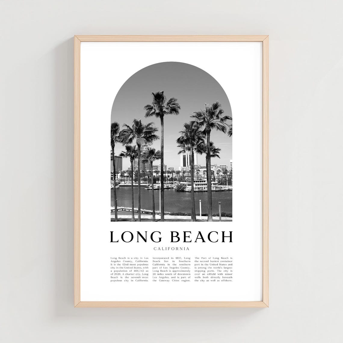 Long Beach California Waterfront Palms Black White Photo Poster