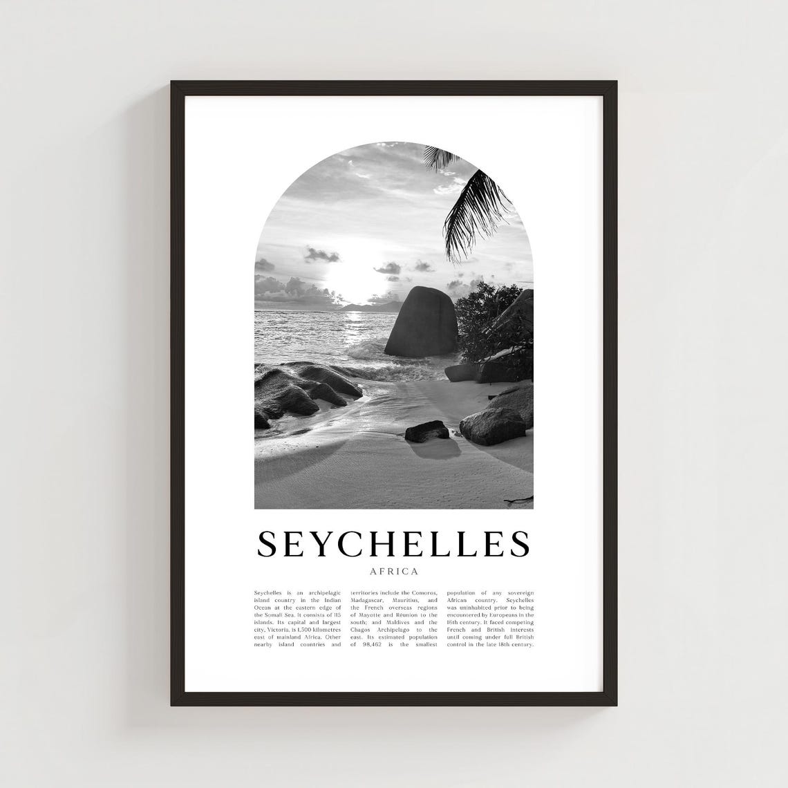 Seychelles Africa Black And White Arched Palm Beach Sunset Poster
