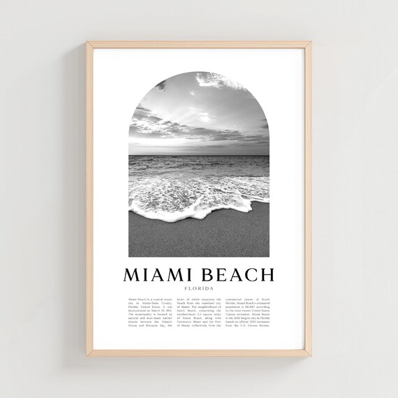Miami Beach Florida Shoreline Surf Black and White Photo Art Poster