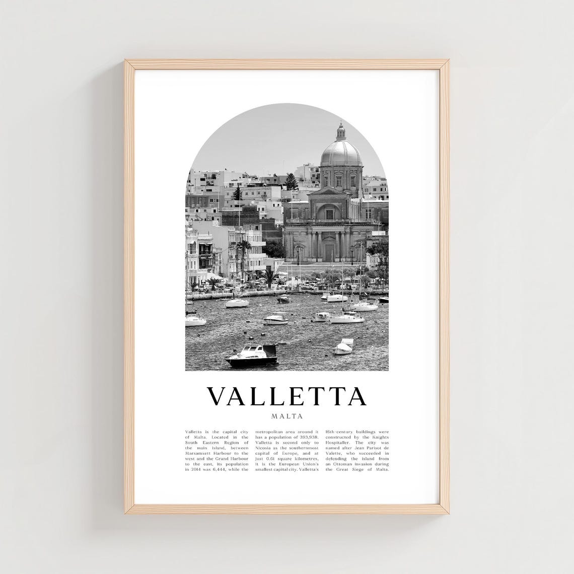 Valletta Malta Harbour Domed Church Black White Photo Poster