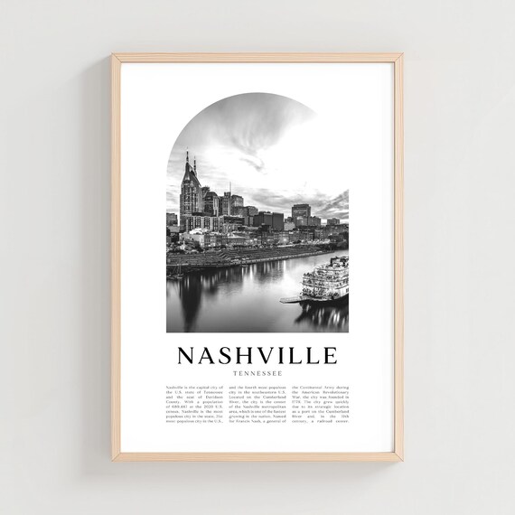 Nashville Tennessee Skyline River Black and White Photo Art Poster