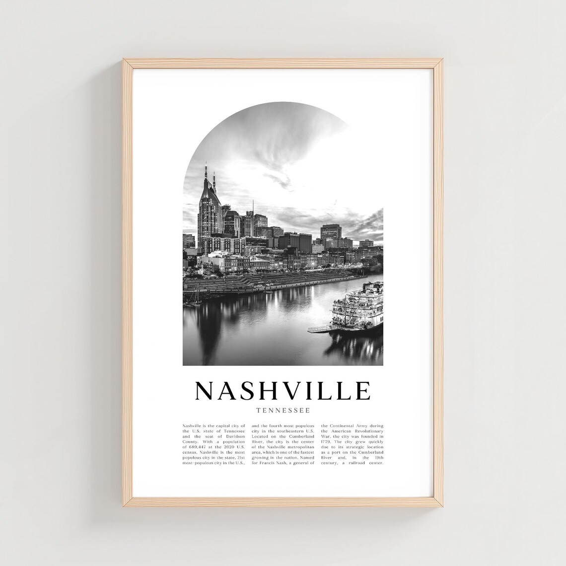 Nashville Tennessee Skyline River Black and White Photo Art Poster