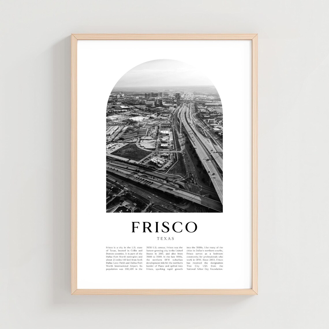 Frisco Texas Black and White Aerial Cityscape Photo Art Poster