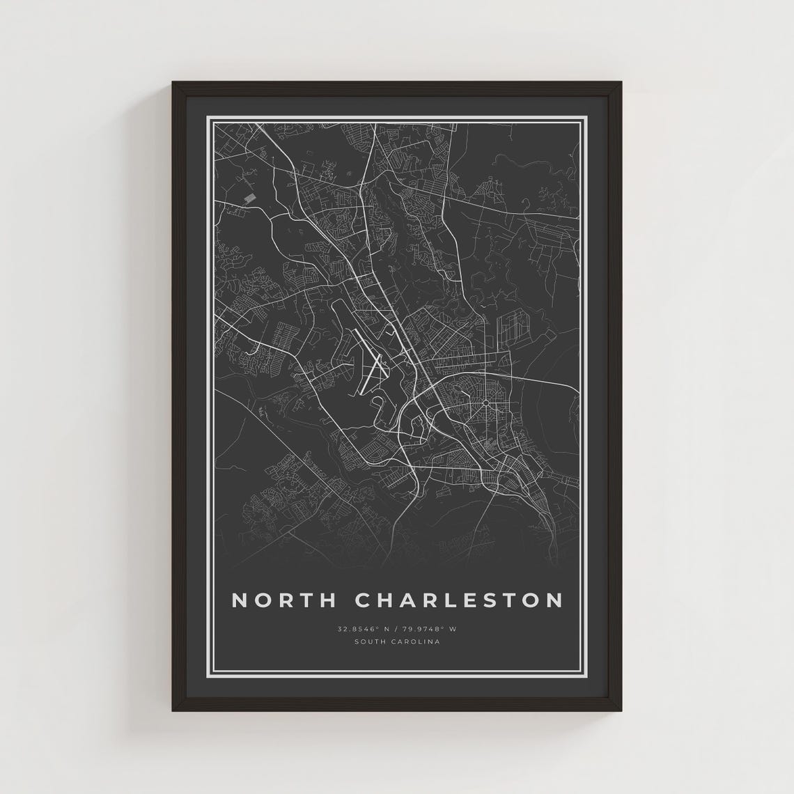 North Charleston South Carolina Black Street Map Coordinates Poster