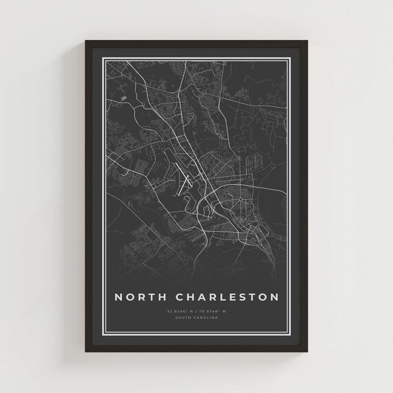 North Charleston South Carolina Black Street Map Coordinates Poster