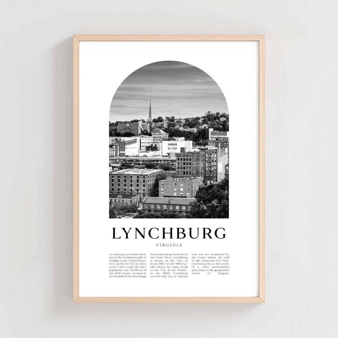 Lynchburg Virginia Black and White Downtown Skyline Photo Poster