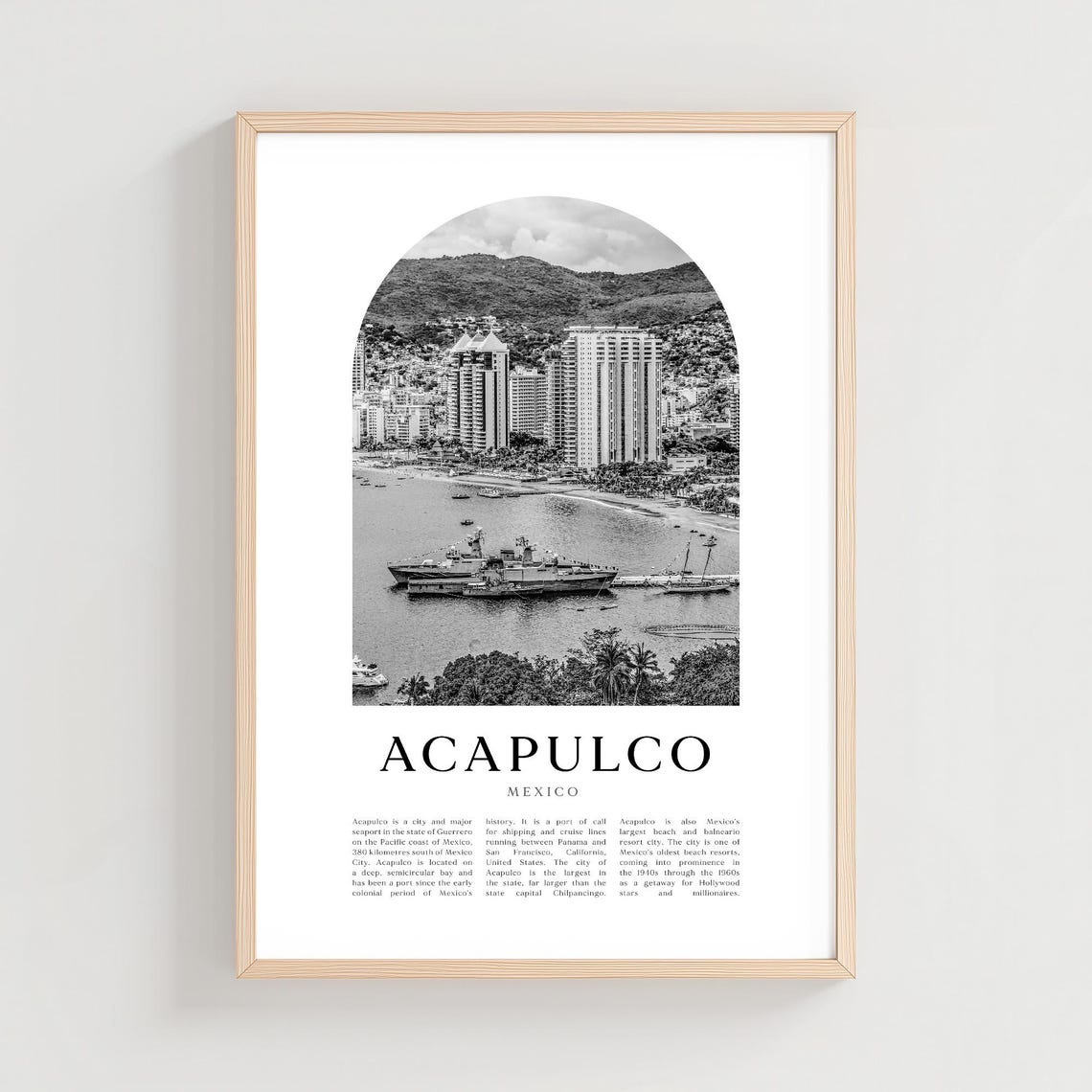 Acapulco Mexico Bay Harbor Black and White Arch Photography Poster