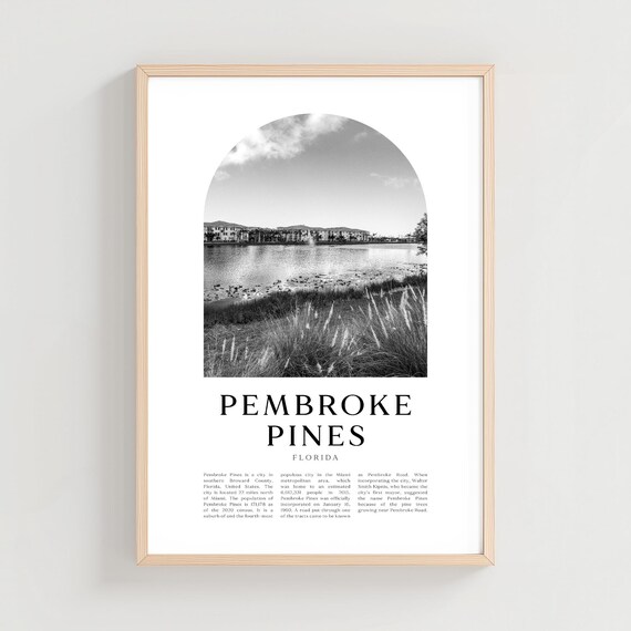Pembroke Pines Florida Lakeside Black and White Travel Poster