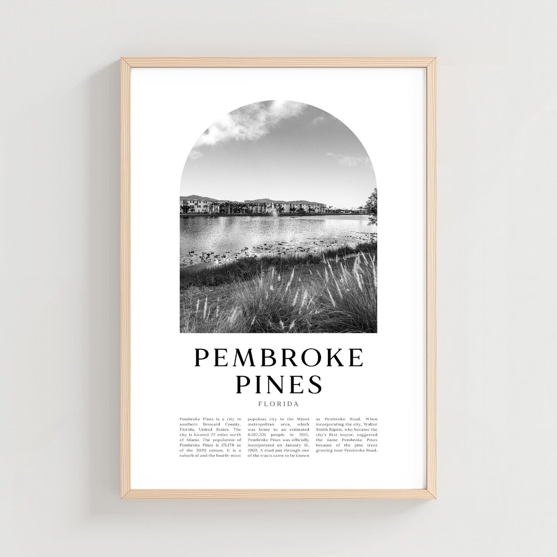 Pembroke Pines Florida Lakeside Black and White Travel Poster