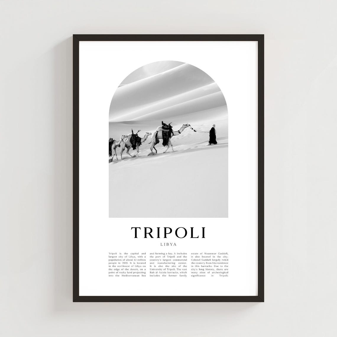Tripoli Libya Desert Camel Caravan Black and White Arch Photo Poster