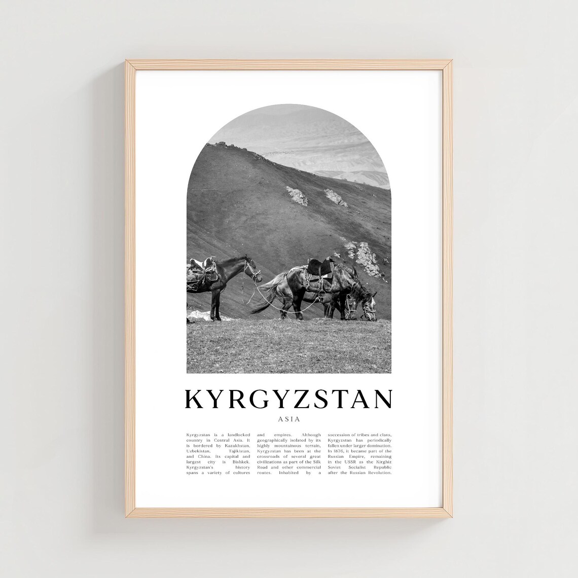 Kyrgyzstan Horses Mountain Pasture Black and White Arch Photo Poster