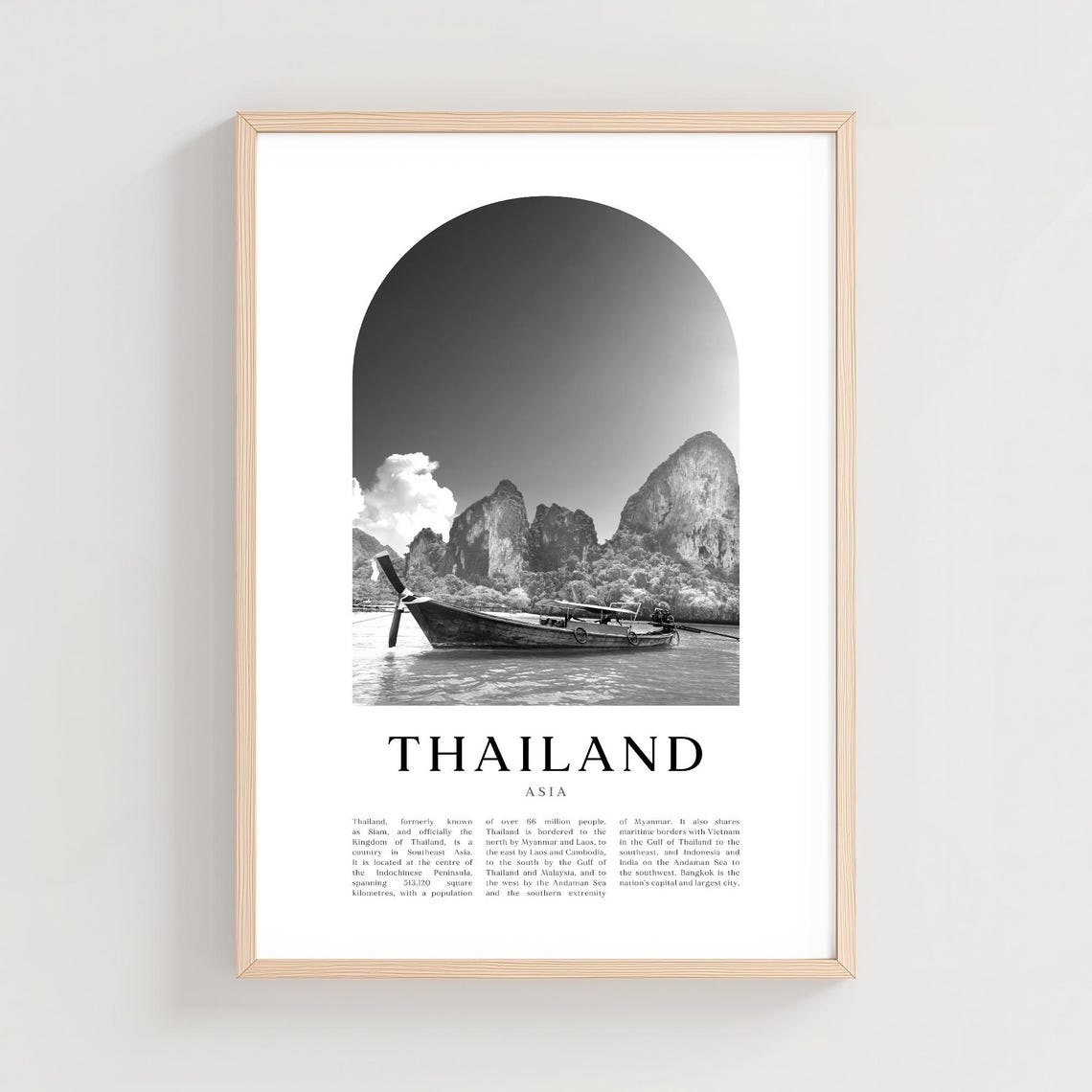 Thailand Longtail Boat Before Limestone Cliffs Black White Poster