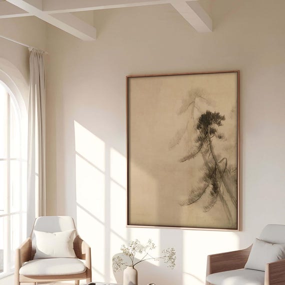Minimalist Japandi Wall Art Framed Wabi Sabi Pine Tree Art Large Asian Landscape Vintage Sumi E Style Print