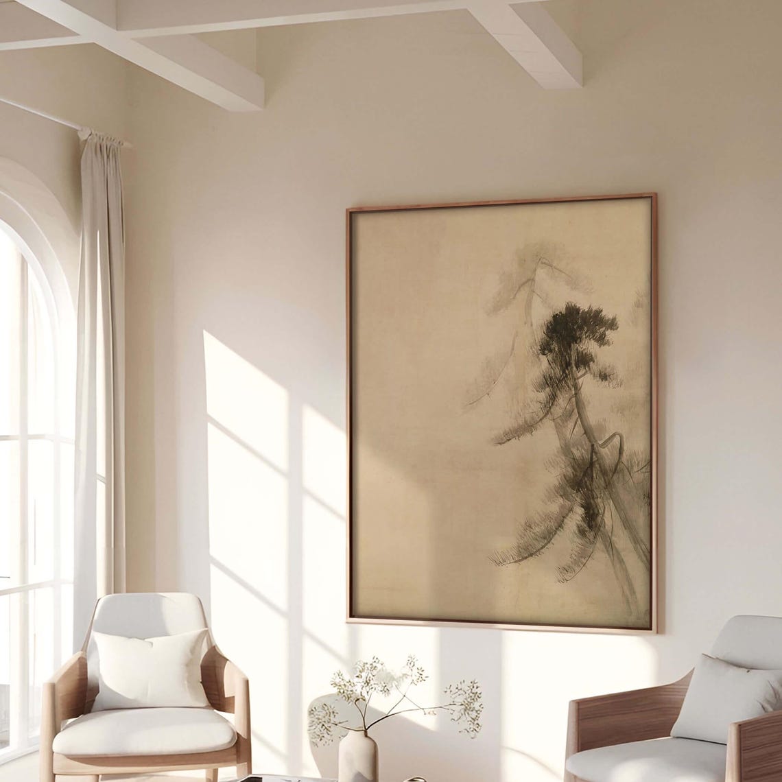 Minimalist Japandi Wall Art Framed Wabi Sabi Pine Tree Art Large Asian Landscape Vintage Sumi E Style Print