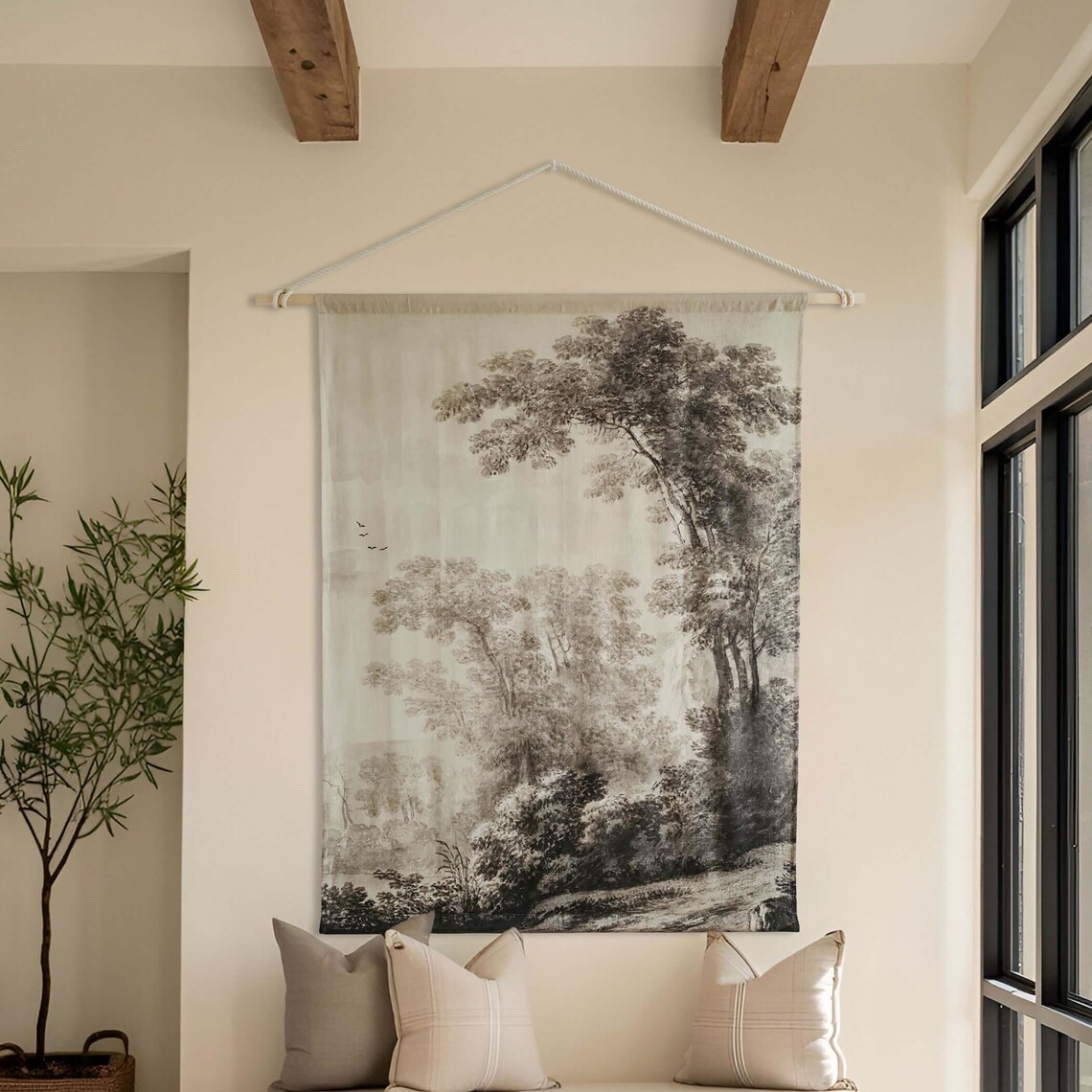 Monochrome Landscape Drawing, Neutral Home Decor