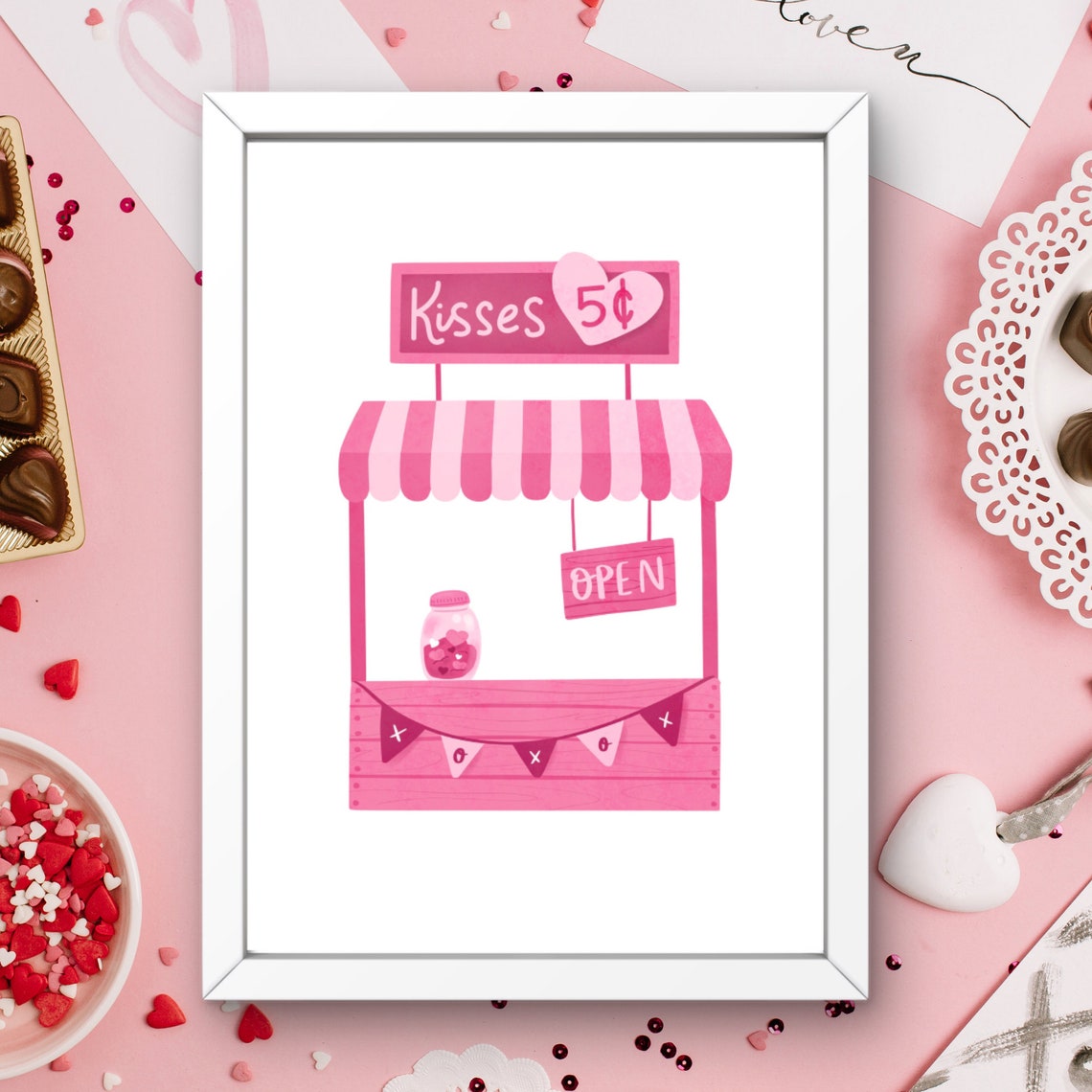 Kisses 5 Cents Kissing Booth Open Sign Pink Valentine Poster - Image 2
