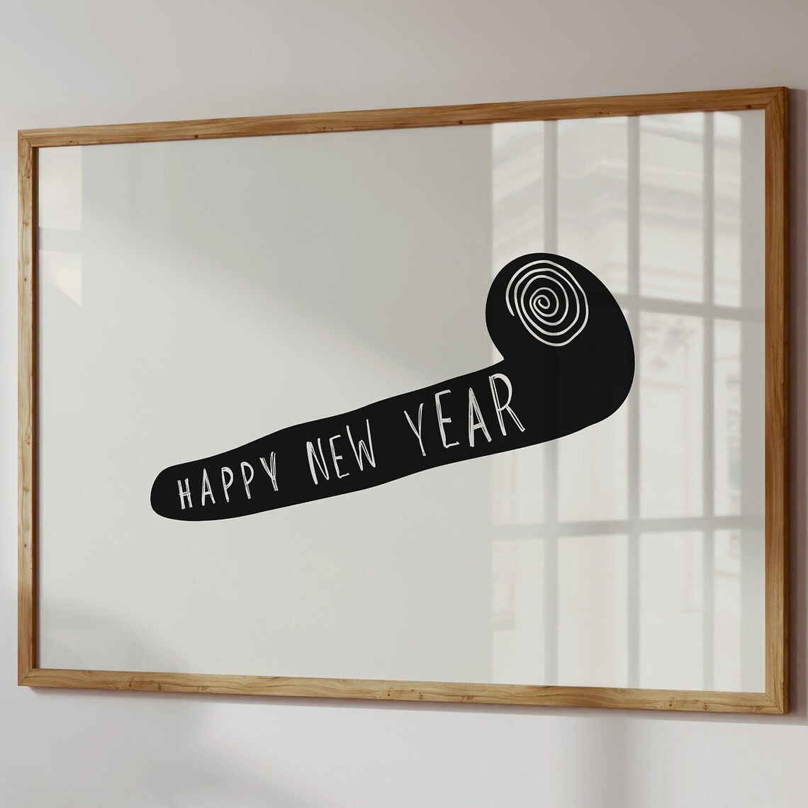 Happy New Year Black Party Horn Blower Horizontal Celebration Poster