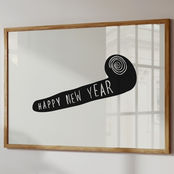 Happy New Year Black Party Horn Blower Horizontal Celebration Poster