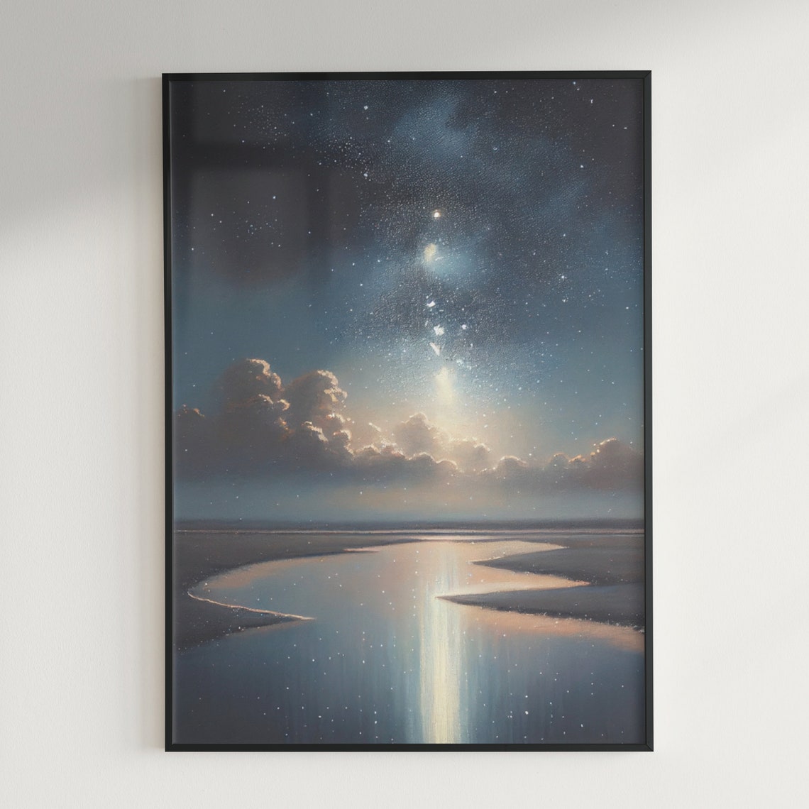 Starry Milky Way Night Sky Over Calm River Landscape Painting Poster - Image 2