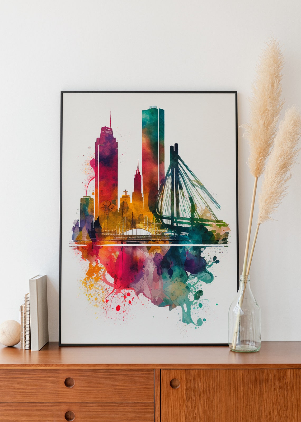 City Skyline with Cable Stayed Bridge Watercolor Splash Art Poster