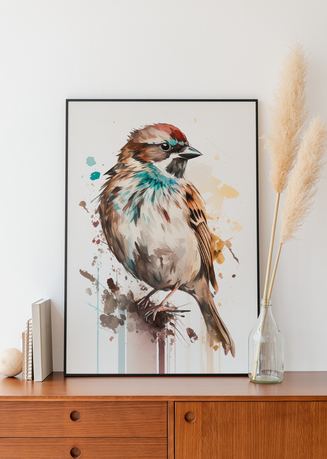 House Sparrow Watercolor Bird Painting Wildlife Splash Wall Art