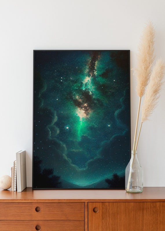 Milky Way Night Sky Landscape Painting Forest Backdrop Green Black Oil Painting Vintage Wall Art