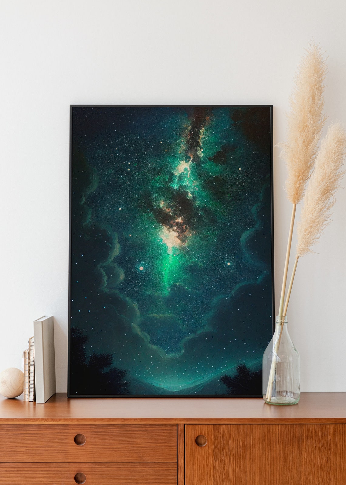 Emerald Green Milky Way Galaxy Night Sky Over Dark Forest Poster