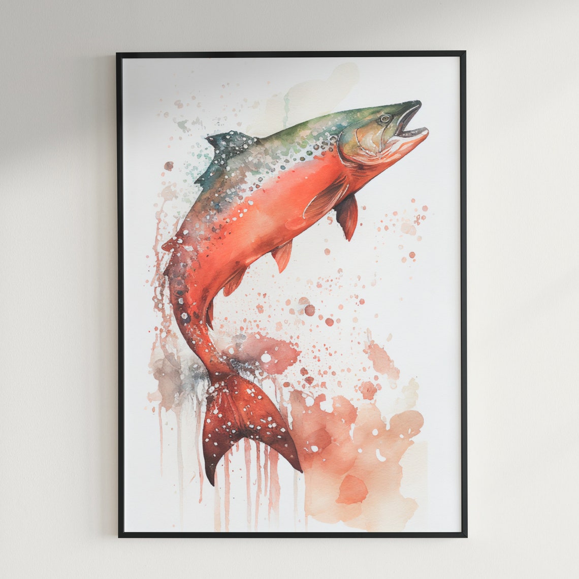 Sockeye Salmon Leaping Mid Run Watercolor Fish Wildlife Poster - Image 3