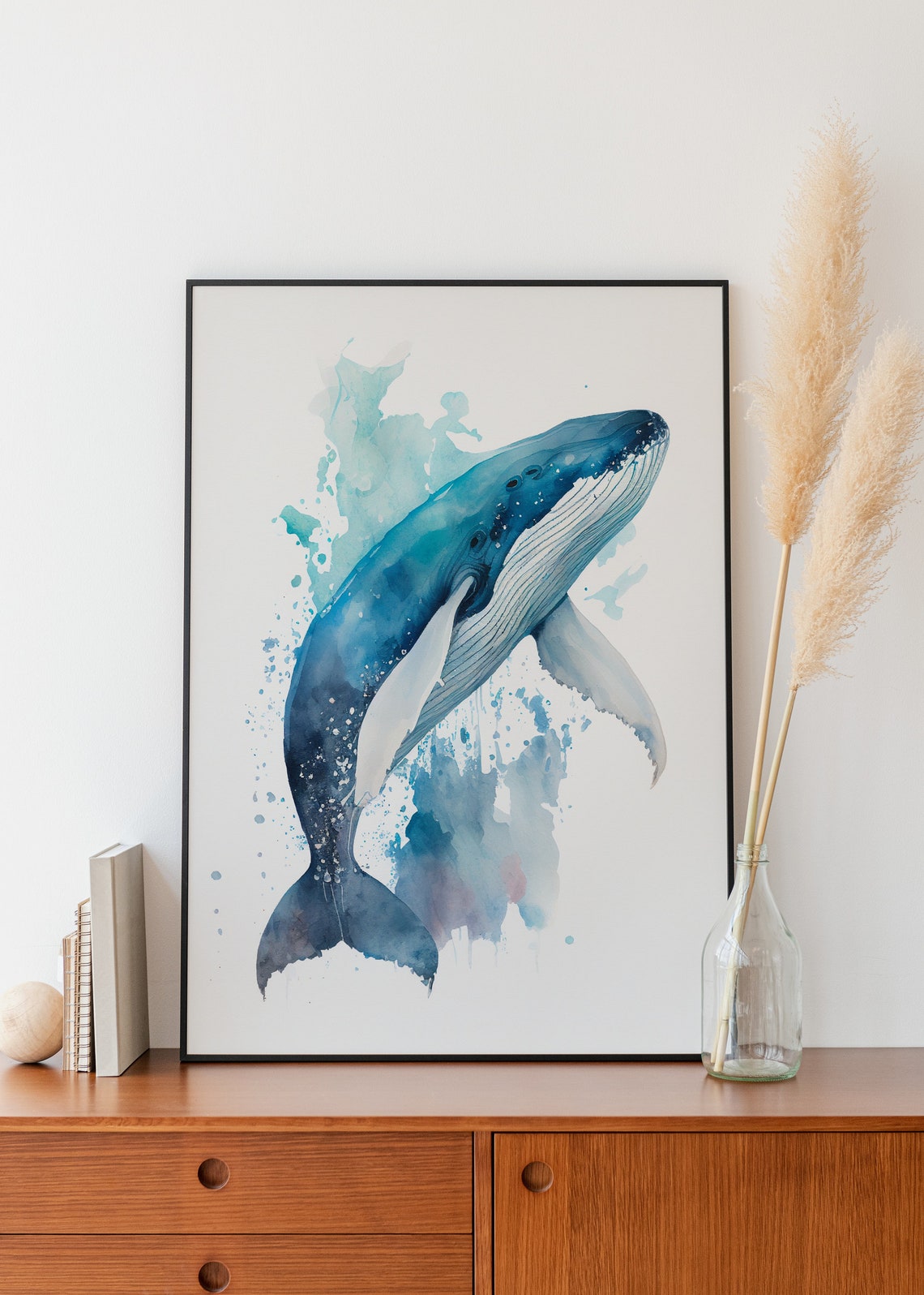 Blue Whale Breaching Watercolor Majestic Ocean Giant Wall Art
