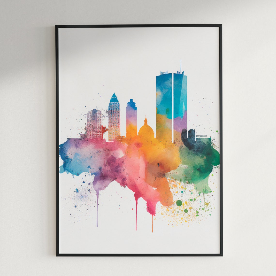Modern Skyscraper City Skyline Colorful Watercolor Art Poster - Image 3