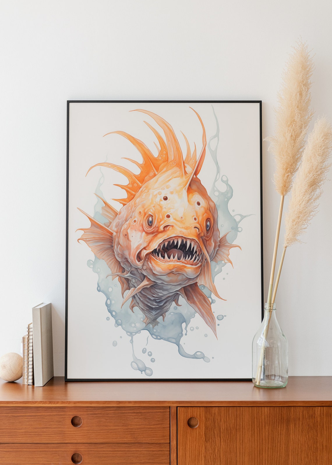 Fierce Angry Orange Monster Fish Sharp Teeth Watercolor Wall Art - Image 2