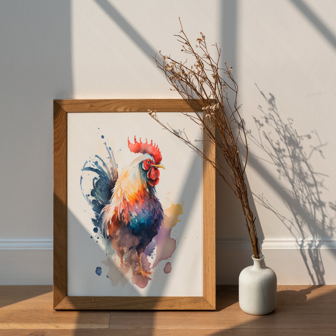 Colorful Proud Rooster Strutting Watercolor Farm Bird Portrait Poster - Image 2
