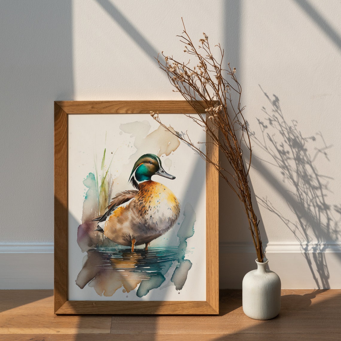 Green Headed Mallard Duck Drake Standing in Pond Watercolor Poster - Image 3