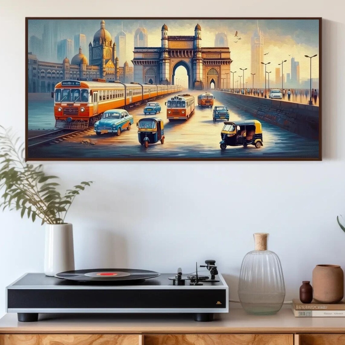 Mumbai Cityscape with Gateway of India and Vintage Traffic Poster