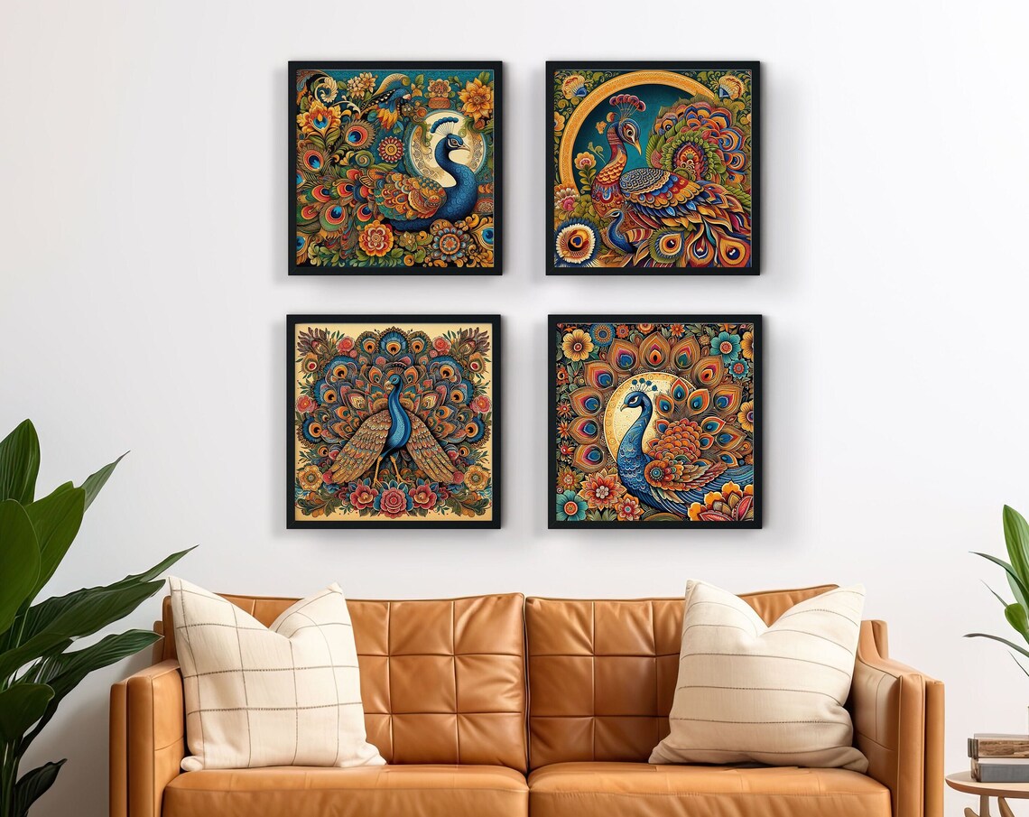 Indian Peacock Kalamkari Art Set Of Four Square Gallery Poster
