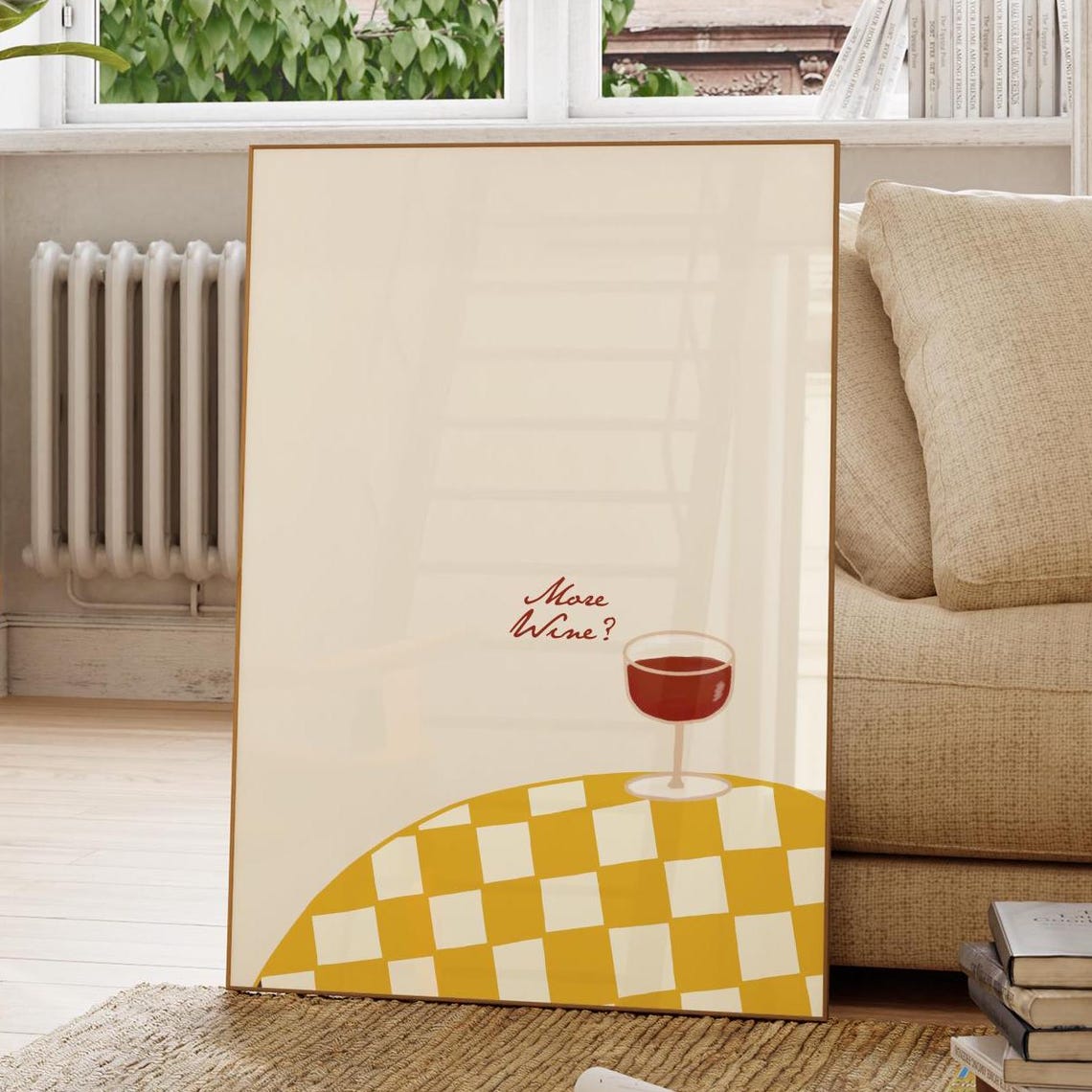 More Wine Minimalist Red Wine Glass Checkered Table Kitchen Poster