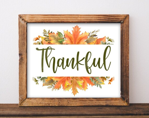 Thankful Script Watercolor Autumn Leaves Thanksgiving Wall Poster