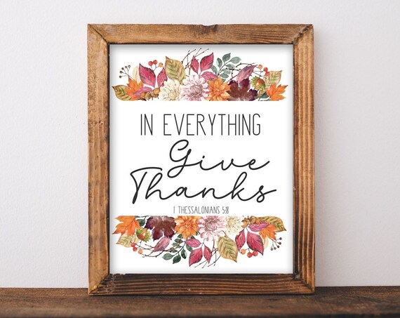 In Everything Give Thanks Fall Leaves Watercolor Verse Grateful Poster