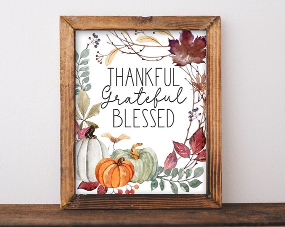 Thankful Grateful Blessed Wall Decor Fall Pumpkin Art Watercolor Quotes Home