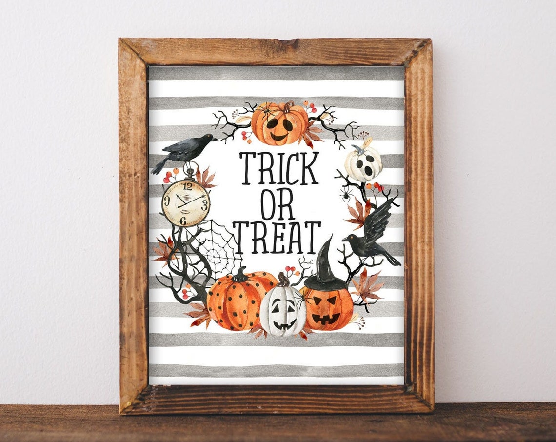 Trick Or Treat Wall Decor Fall Autumn Halloween Black Crow Watercolor Spooky Season Home