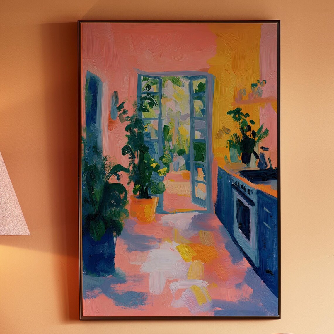 Sunny Pink Kitchen with French Doors and Garden Plants Poster