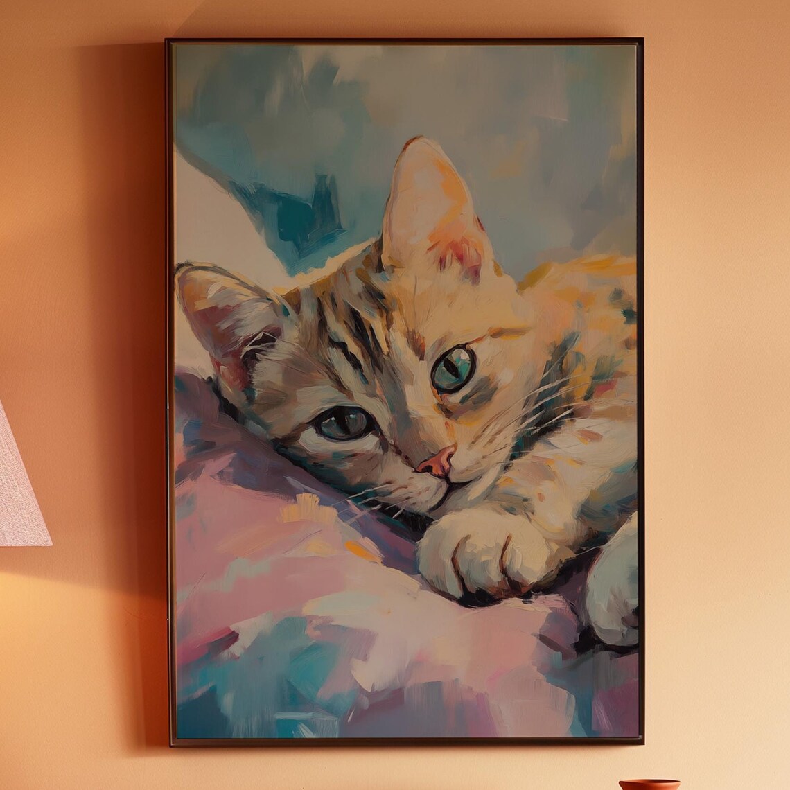 Tabby Kitten with Green Eyes on a Pink Cushion Portrait Poster