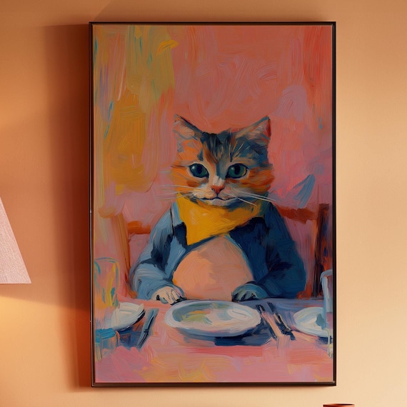 Cat in a Jacket with Bandana Dining at a Table Portrait Poster