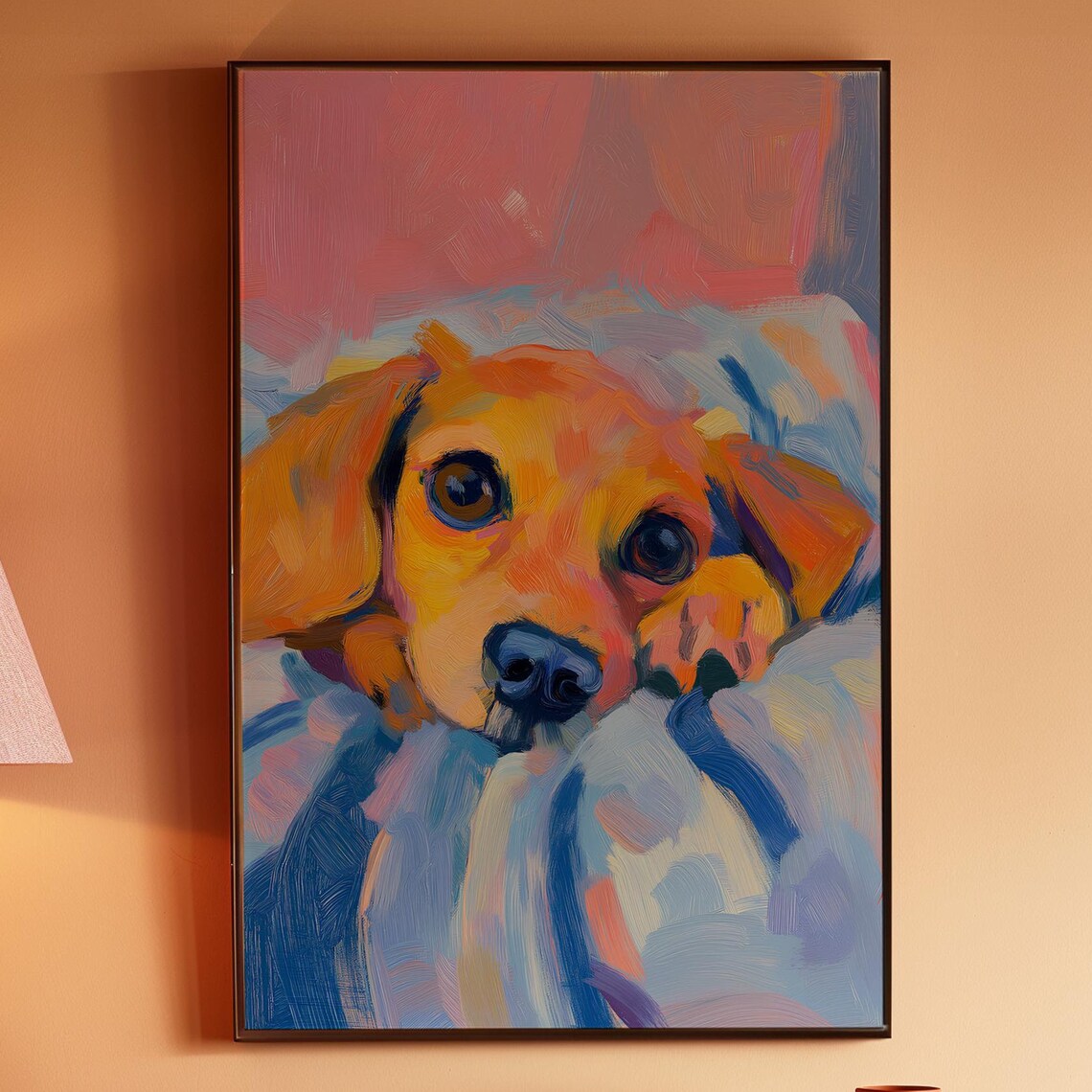 Golden Puppy Snuggled in a Blue Blanket Cute Painting Poster