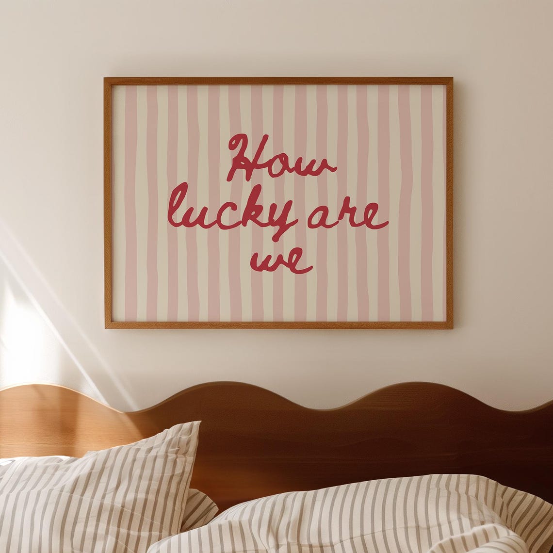 How Lucky Are We Red Script Pink Striped Gratitude Typography Poster
