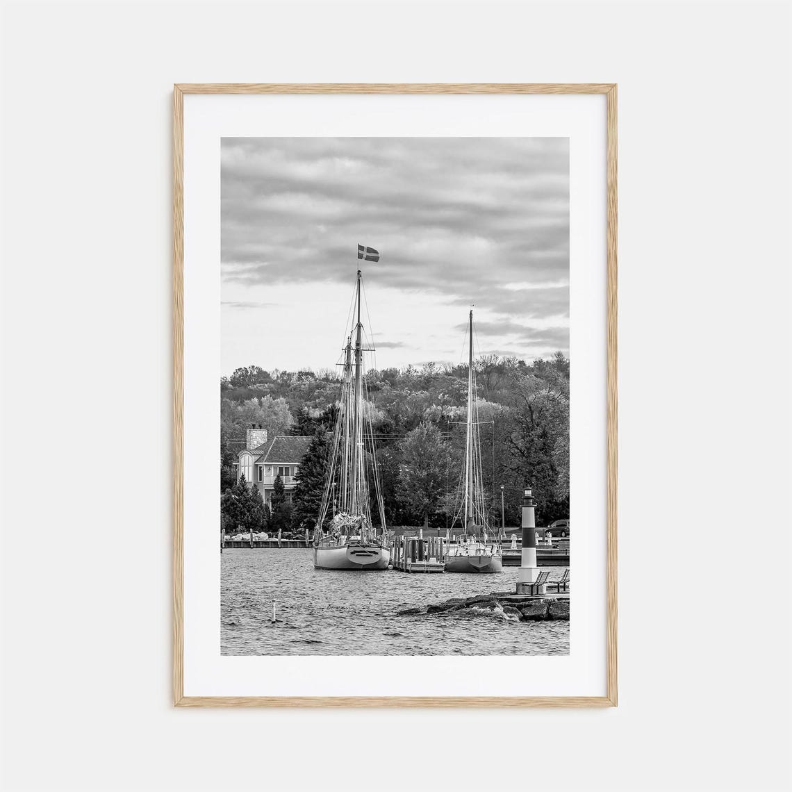 Sailboats Harbor Lighthouse Black White Nautical Scene Poster