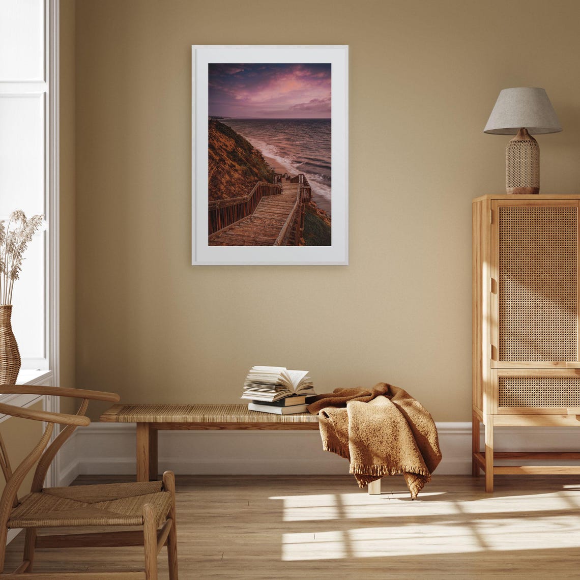 Encinitas Wooden Stairs Down the Cliff to the Beach Sunset Poster - Image 3