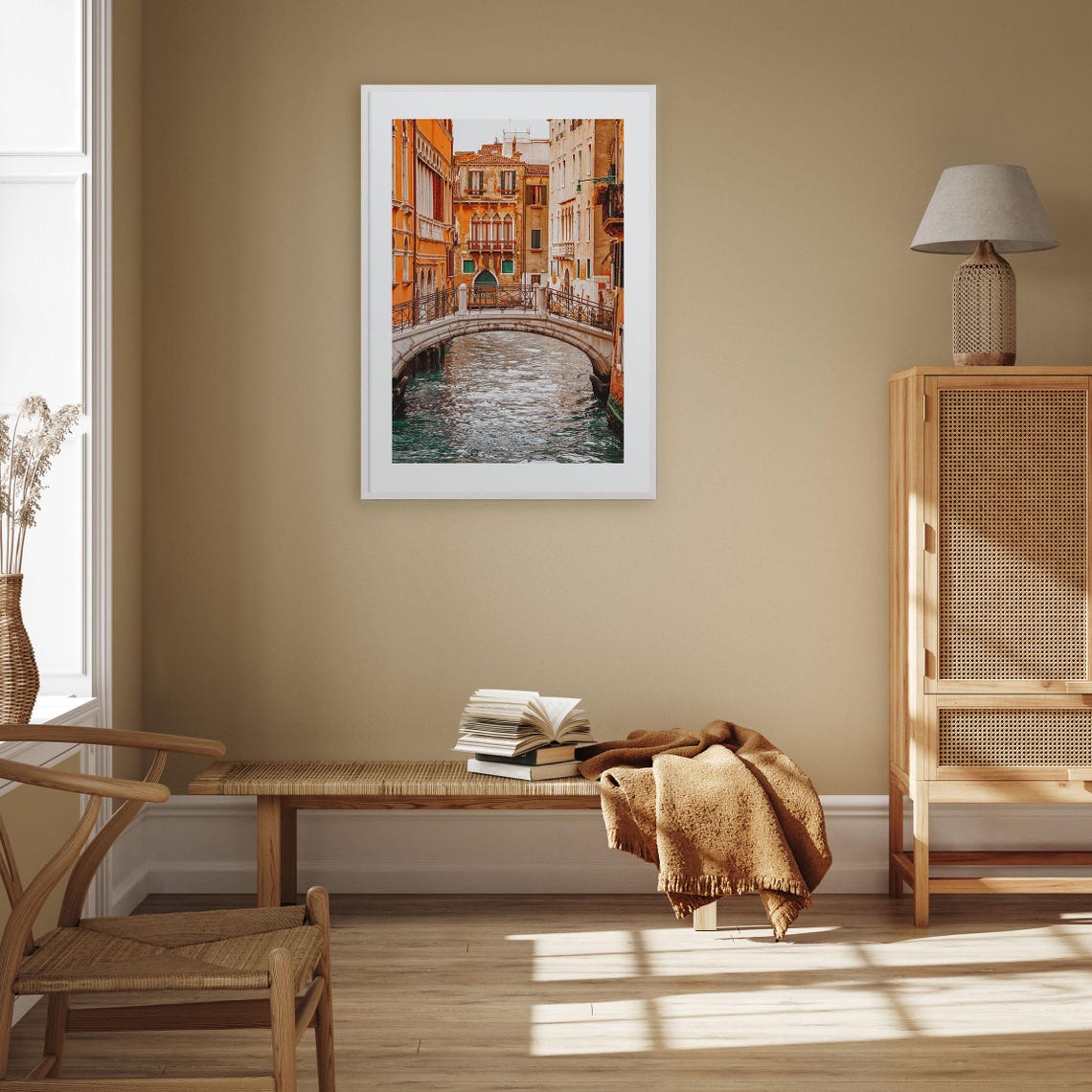 Venice Canal Footbridge Between Ochre Historic Buildings Poster - Image 2