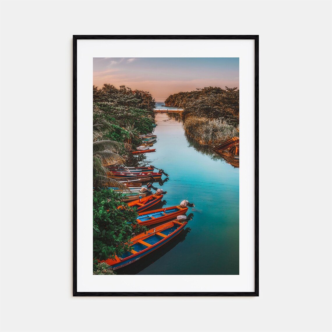 Jamaica Colorful Fishing Boats Along a Tropical River at Dusk Poster